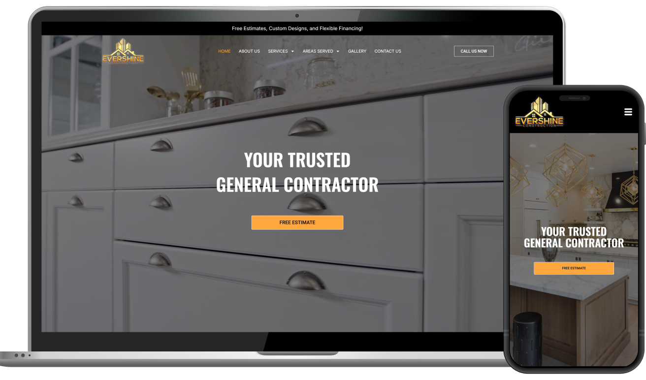 Responsive website design mockup for Evershine Construction, displayed on desktop and mobile devices